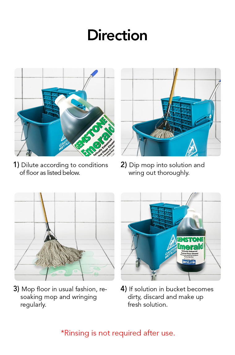 direction, dilute, dip mop into solution, mop floor, rinsing is not required after use.